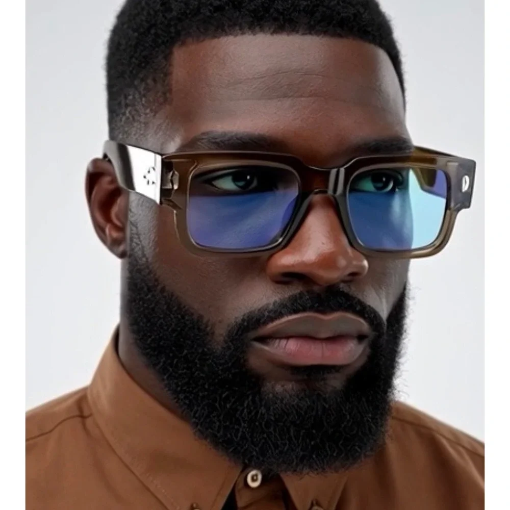 Stylish Mens Sunglasses Translucent Brown Frame Blue Lens Rectangular Modern New
